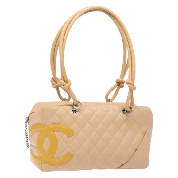 CHANEL Cambon Line Matelasse Shoulder Bag Lamb Skin Beige Silver CC Auth 139413 - Picture 1 of 16